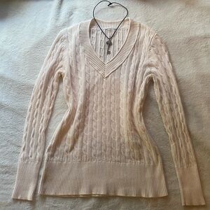 LOFT V-Neck Cable Knit Sweater in Cream